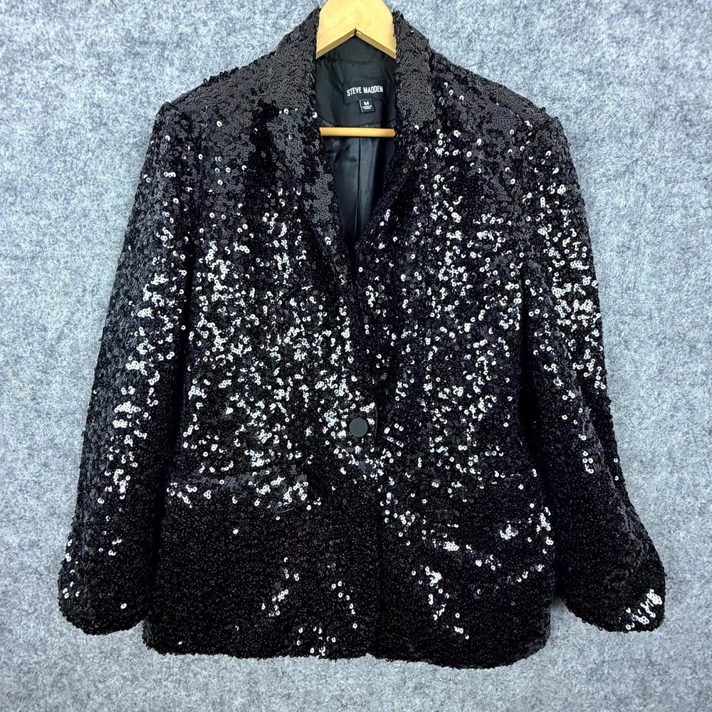Steve Madden Sequin Blazer Jacket Womens Medium Notch Lapel NYE Party Goth Glam